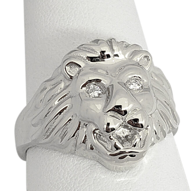 Solid 14K White Gold Handcarved Mens Lion Ring Diamond Eyes Size 5 - 15