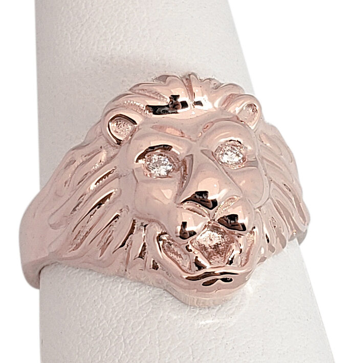 Solid 10K Rose Gold Mens Lion Ring with Diamond Eyes Size 5 - 15