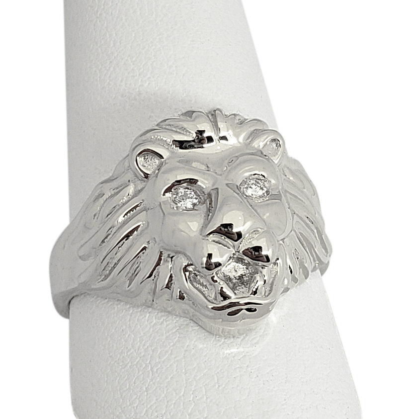 Solid 18K White Gold Handcarved Mens Lion Ring Diamond Eyes Size 5 - 15