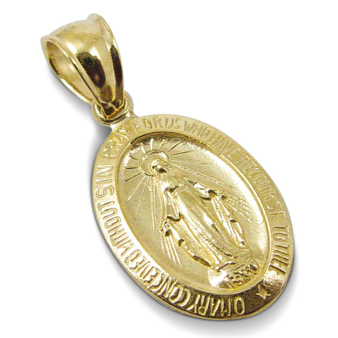 Solid 14K Yellow Gold Miraculous Medal Virgin Mary Pendant, 9/16", Catholic