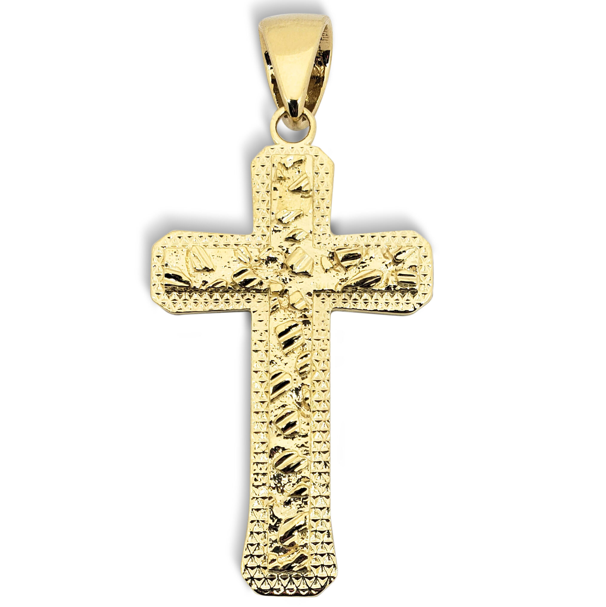 Solid 10K Yellow Gold Nugget Cross, Mens Gold Cross Pendant Large 2.5"