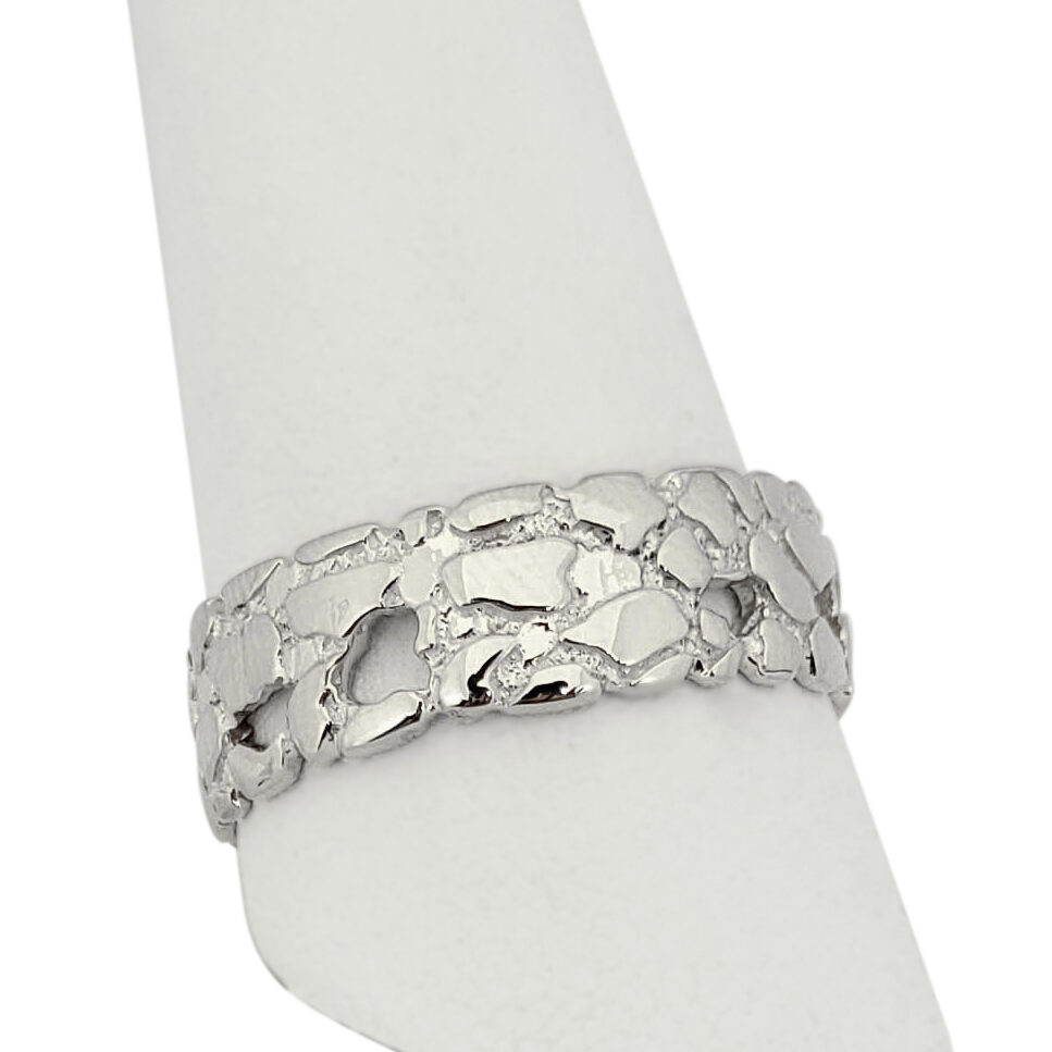 Solid 18K White Gold Nugget Band, 7mm Gold Nugget Ring, Size 5 - 15