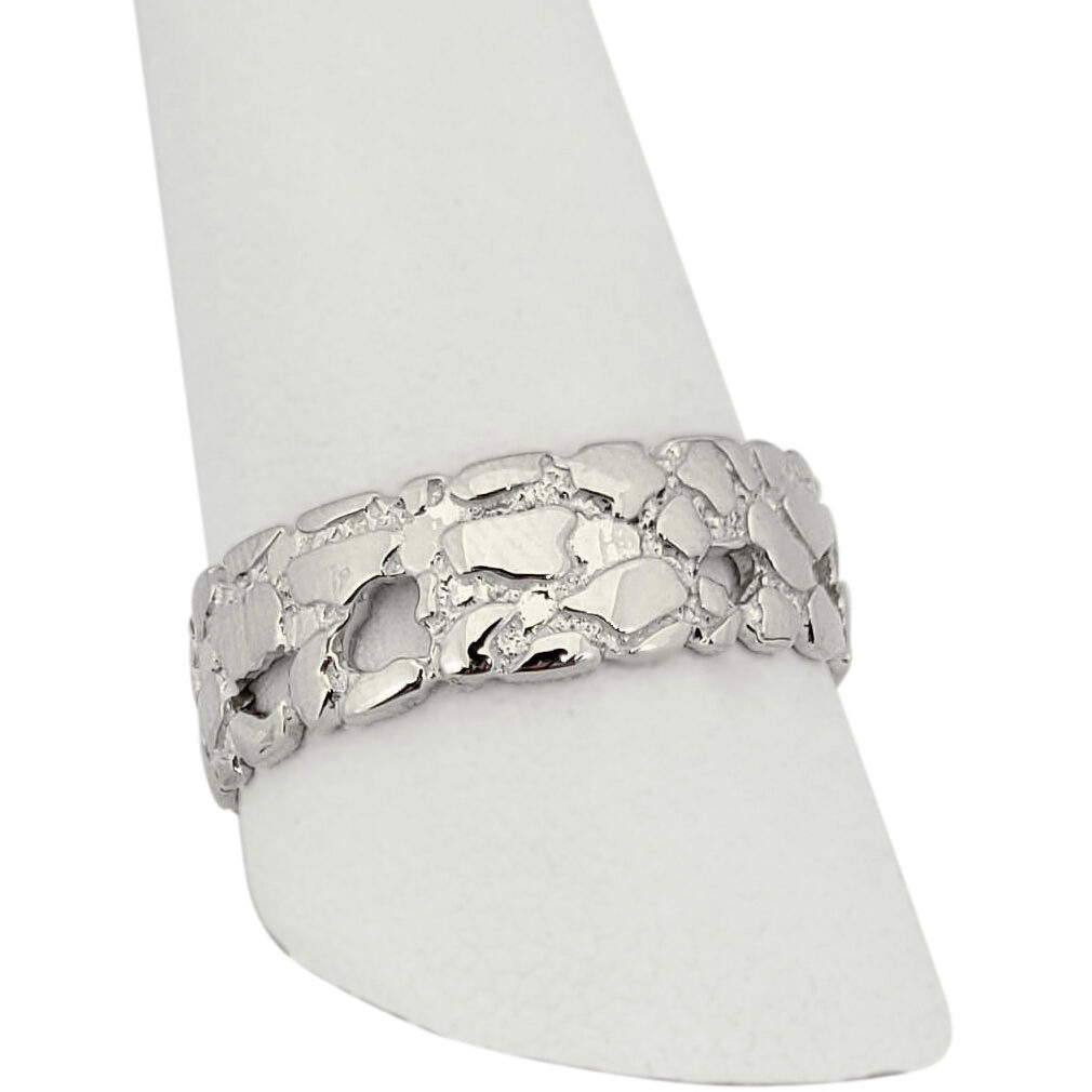 Solid 14K White Gold Nugget Band, 7mm Gold Nugget Ring, Size 5 - 15