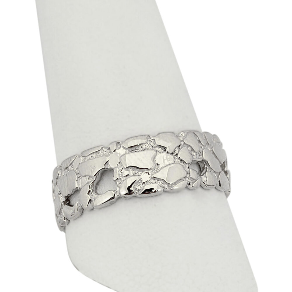 Solid 10K White Gold Nugget Band, 7mm Gold Nugget Ring, Size 5 - 15