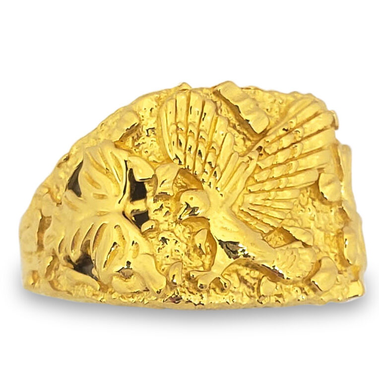 Solid 24K Yellow Gold Eagle Nugget Ring, Large Mens Gold Nugget Ring Size 5 - 12