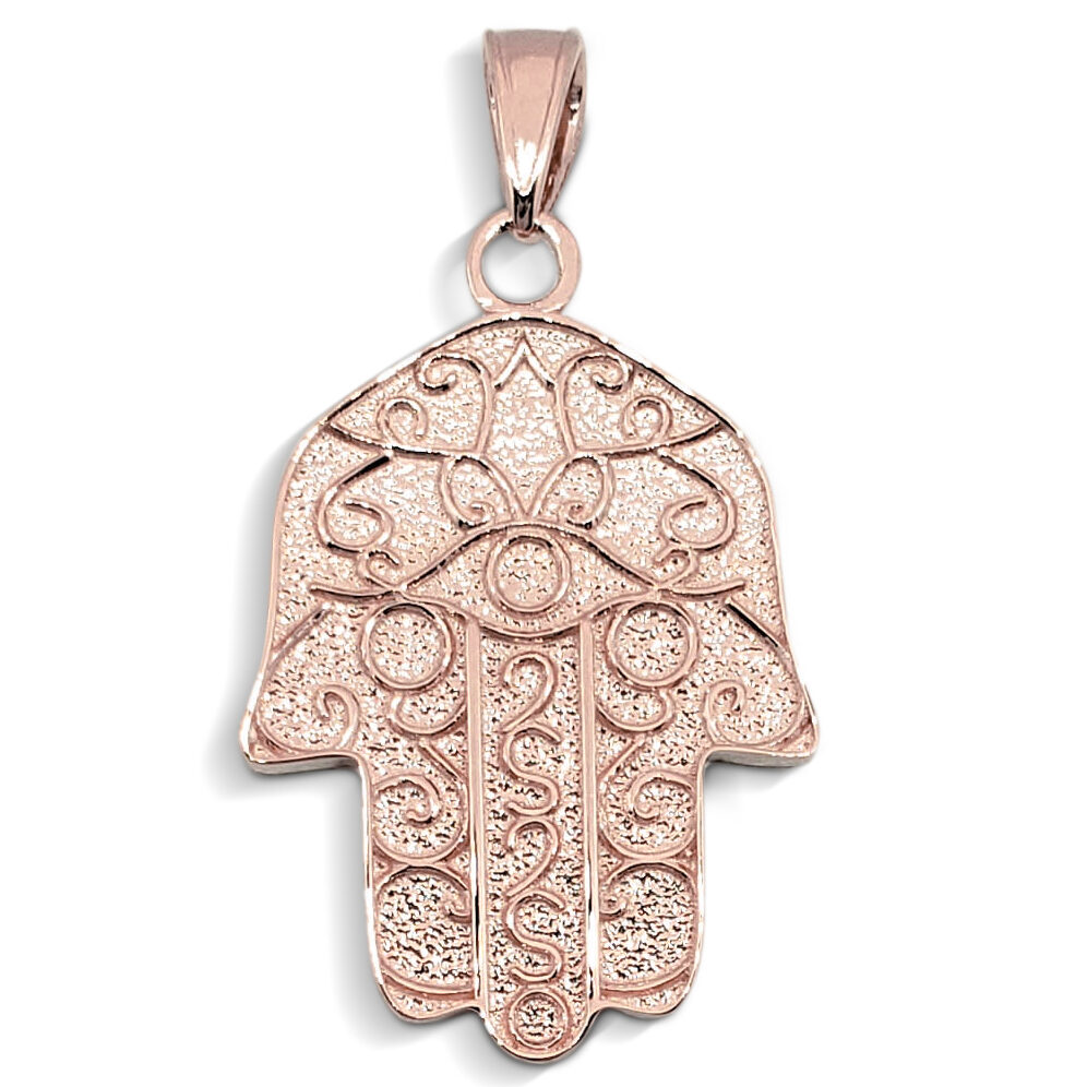 Solid 18K Rose Gold Hamsa Pendant, Filigree, Evil Eye Pendant, 7/8"