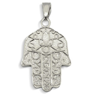 Solid 18K White Gold Hamsa Pendant, Filigree, Evil Eye Pendant, 7/8"