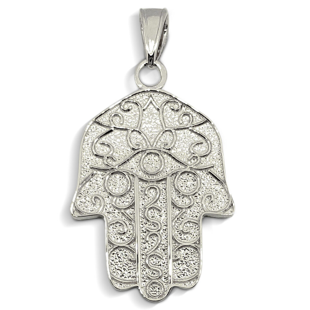 Solid 18K White Gold Hamsa Pendant, Filigree, Evil Eye Pendant, 7/8"