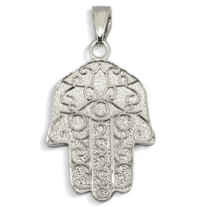 Solid 10K White Gold Hamsa Pendant, Filigree, Evil Eye Pendant, 7/8"