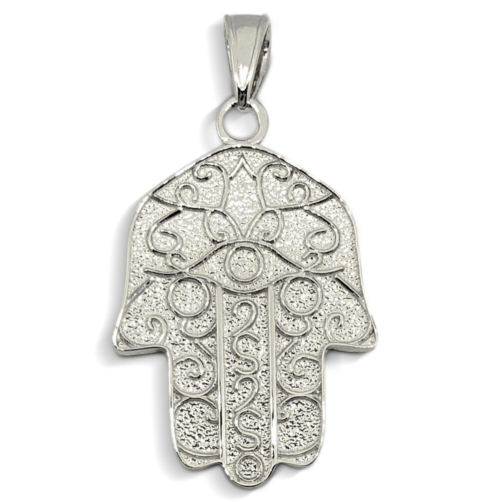 Solid 10K White Gold Hamsa Pendant, Filigree, Evil Eye Pendant, 7/8"