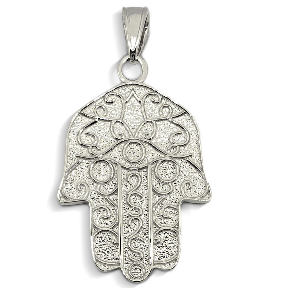 Solid 14K White Gold Hamsa Pendant, Filigree, Evil Eye Pendant, 7/8"