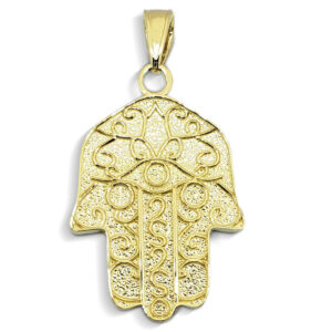 Solid 10K Yellow Gold Hamsa Pendant, Filigree, Evil Eye Pendant, 7/8"