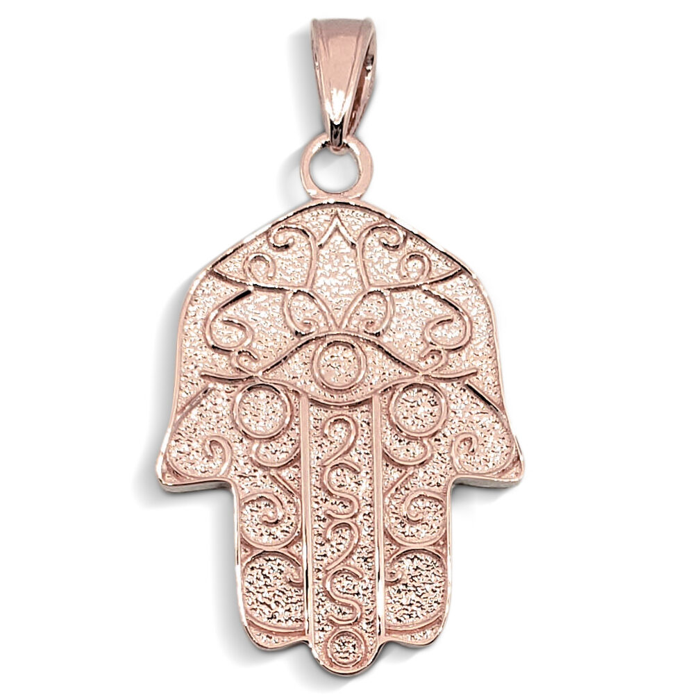 Solid 10K Rose Gold Hamsa Pendant, Filigree, Evil Eye Pendant, 7/8"