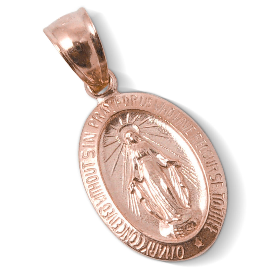 Solid 10K Rose Gold Miraculous Medal Virgin Mary Pendant, 9/16", Catholic