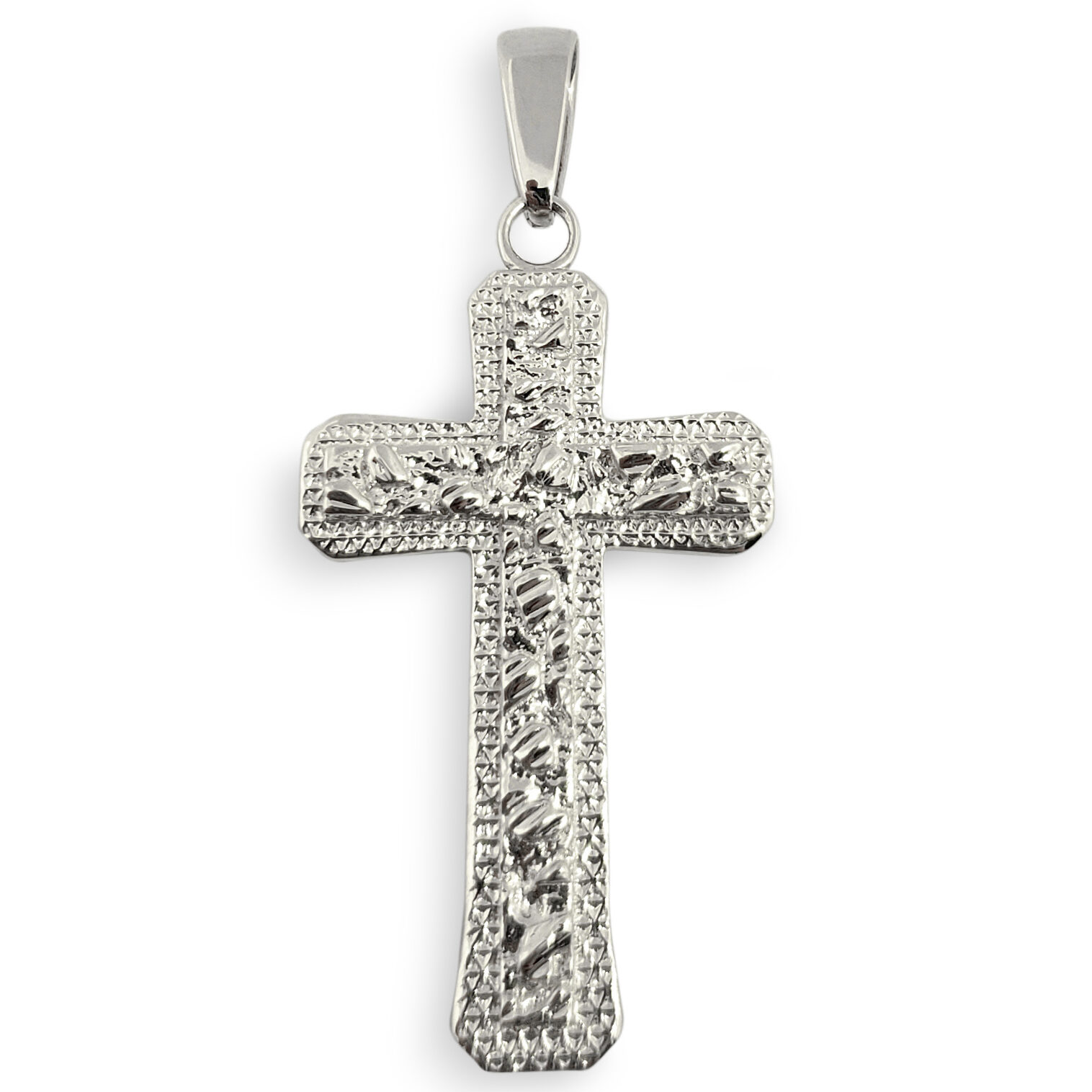 Solid 10K White Gold Mens Nugget Cross Mens Gold Cross Pendant, 1.4", 3.7 grams