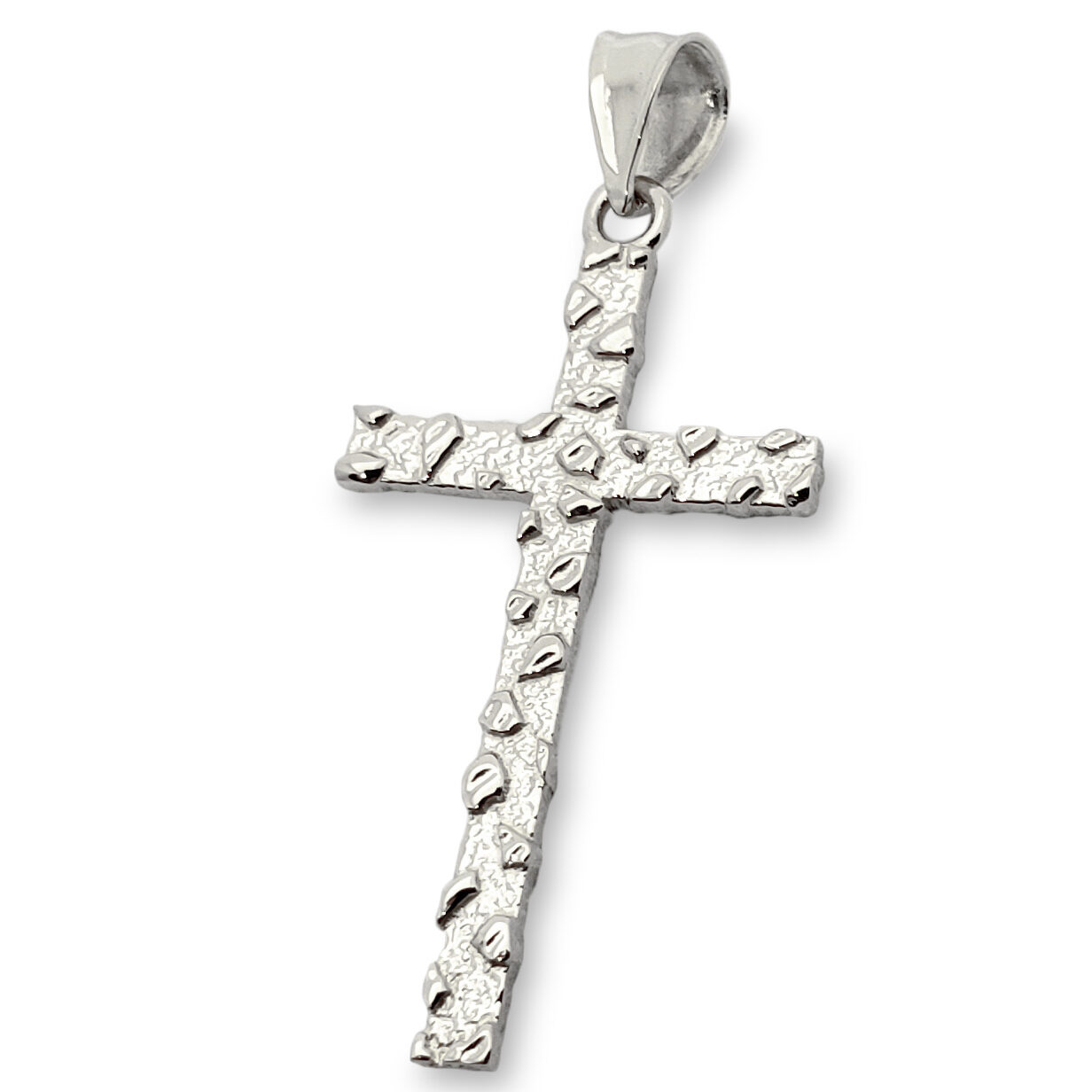 Solid 14K White Gold Nugget Cross Mens Gold Cross Pendant, 1.5 grams, 1 3/8"