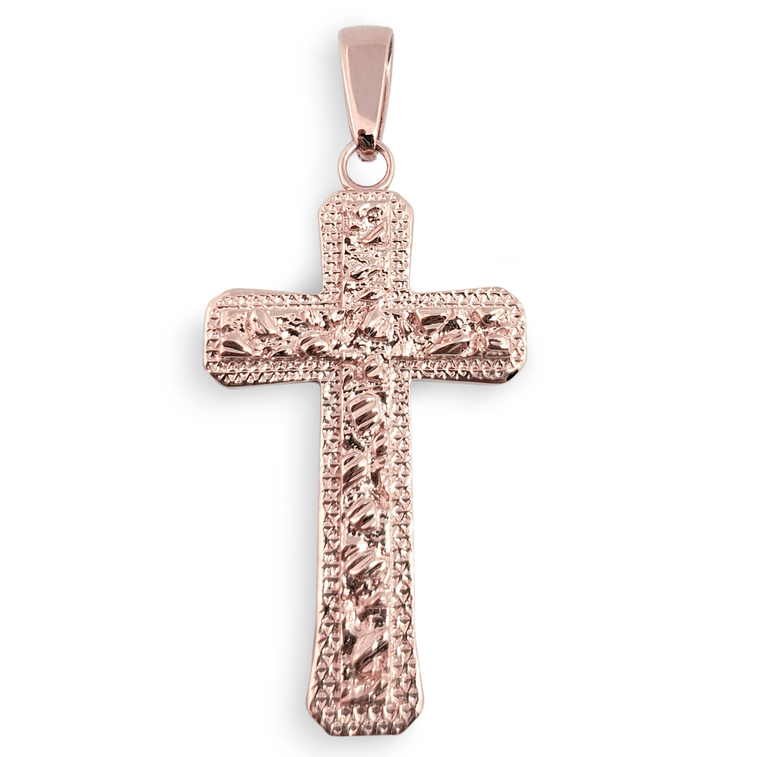 Solid 10K Rose Gold Mens Nugget Cross Mens Gold Cross Pendant, 1.4", 3.7 grams