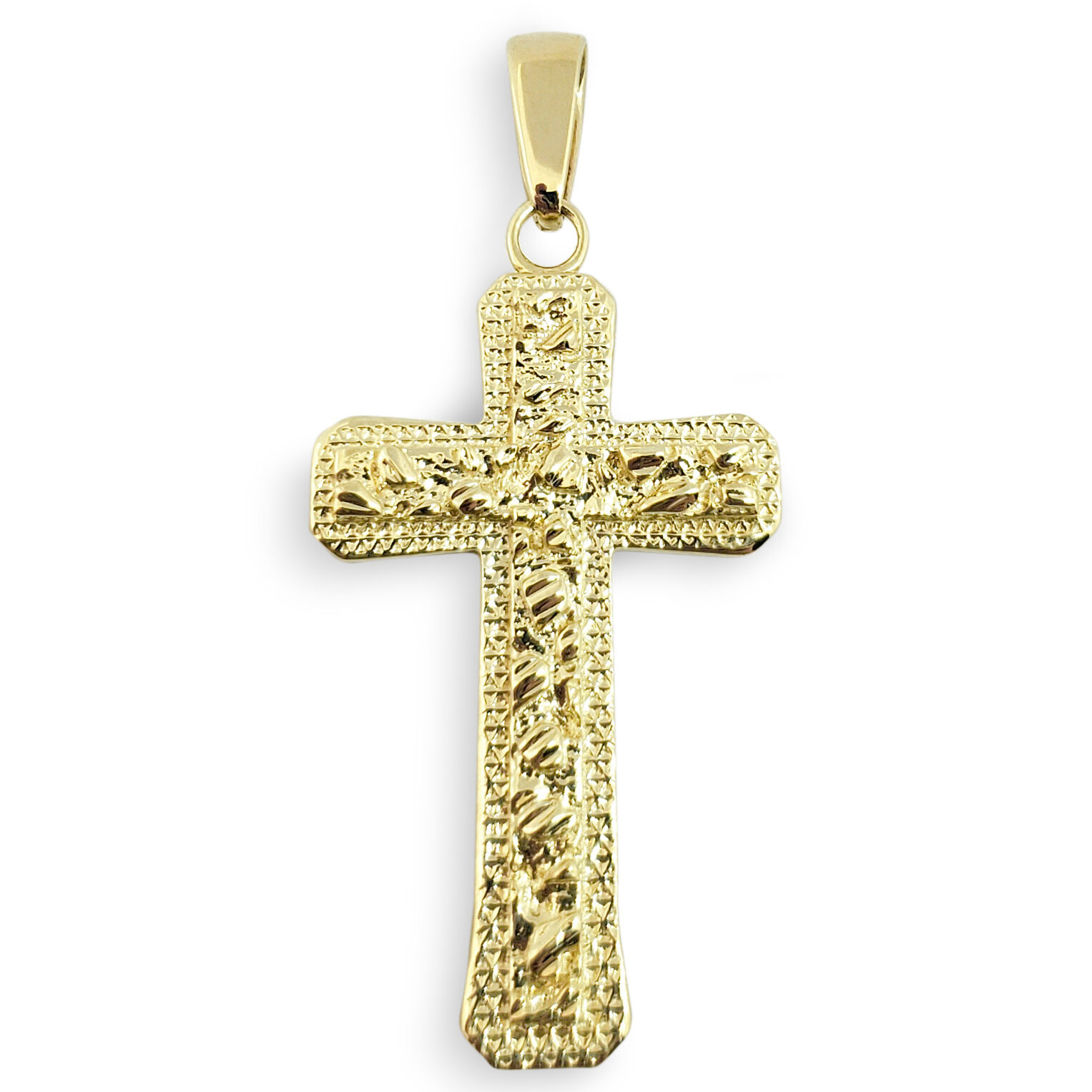 Solid 14K Yellow Gold Mens Nugget Cross Mens Gold Cross Pendant, 1.4", 4.2 grams