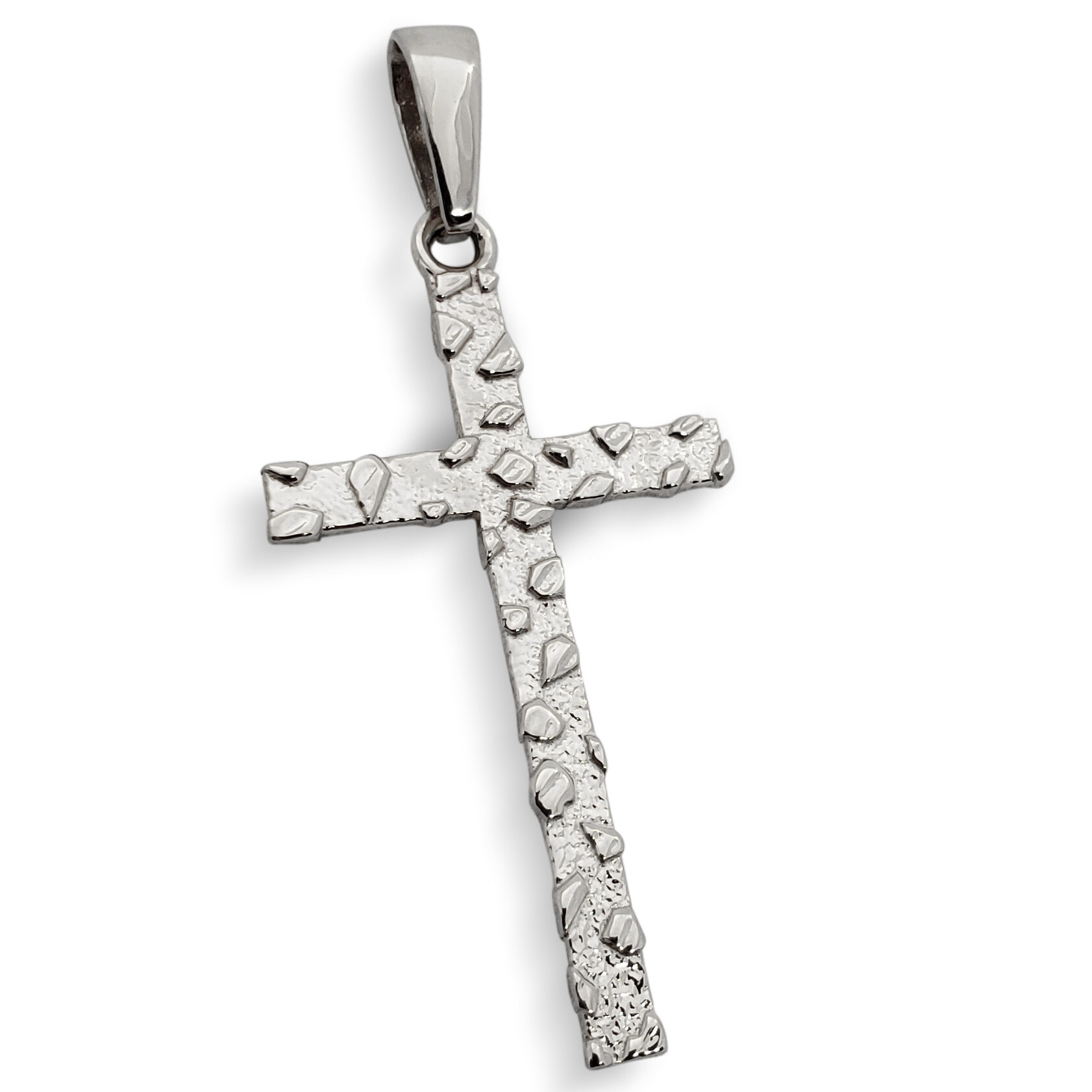 Solid 14K White Gold Nugget Cross Mens Gold Cross Pendant, 3.1 grams, 2 inch