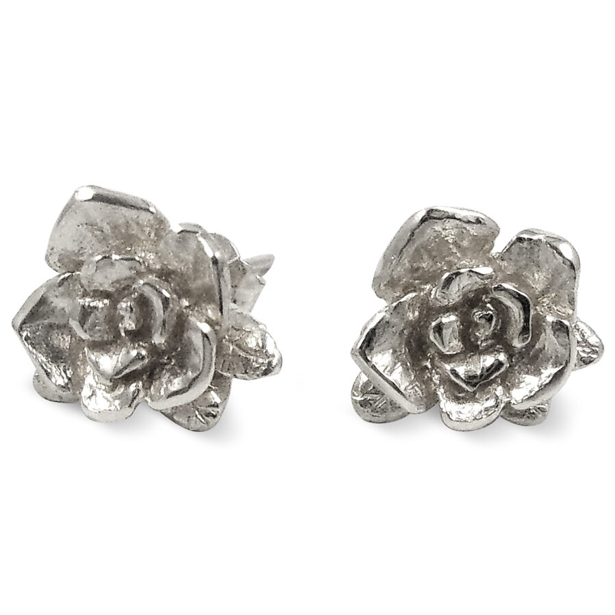 Solid 10K White Gold Rose Flower Stud Earrings Handcarved Gold Artisan Ring