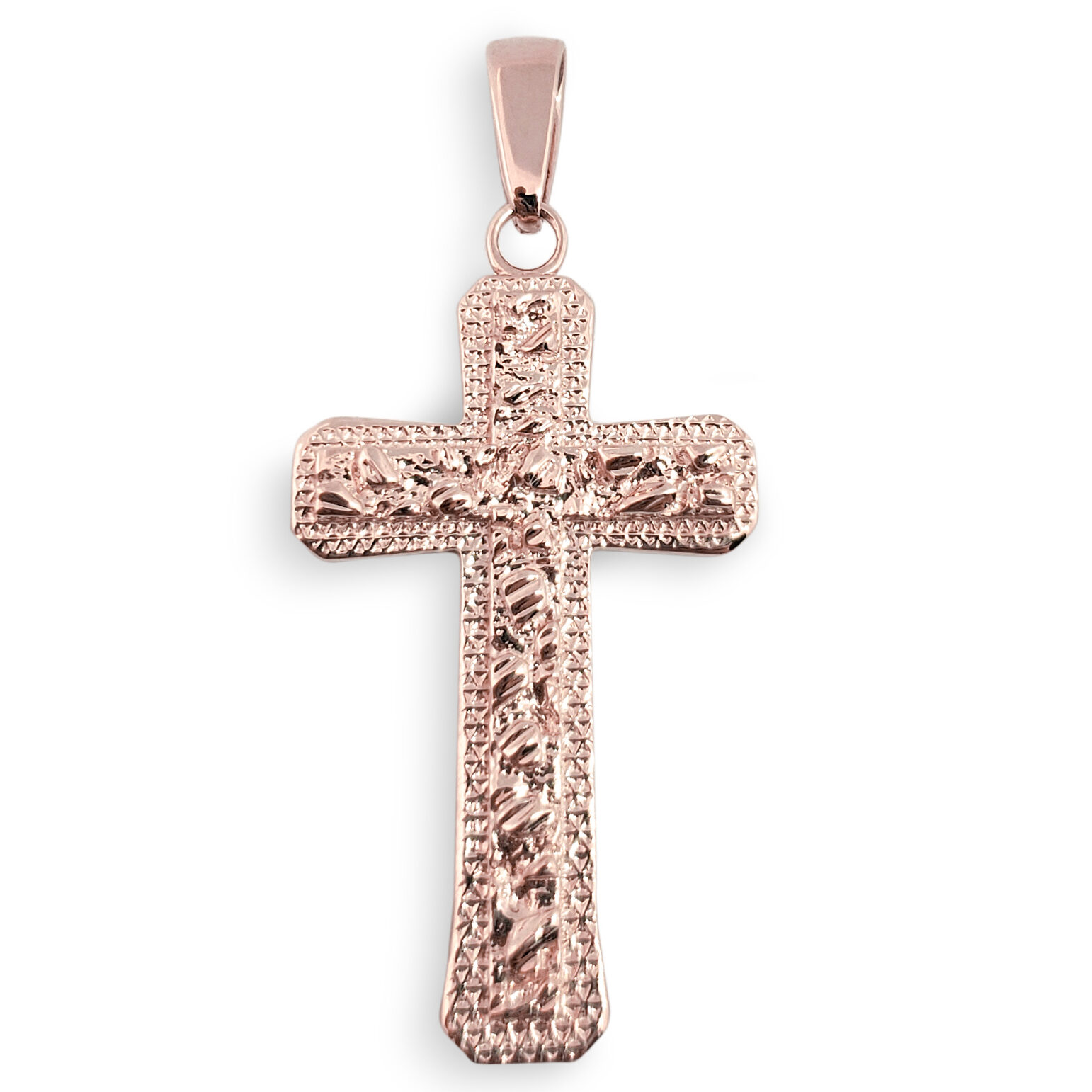 Solid 14K Rose Gold Mens Nugget Cross Mens Gold Cross Pendant, 1.4", 4.2 grams