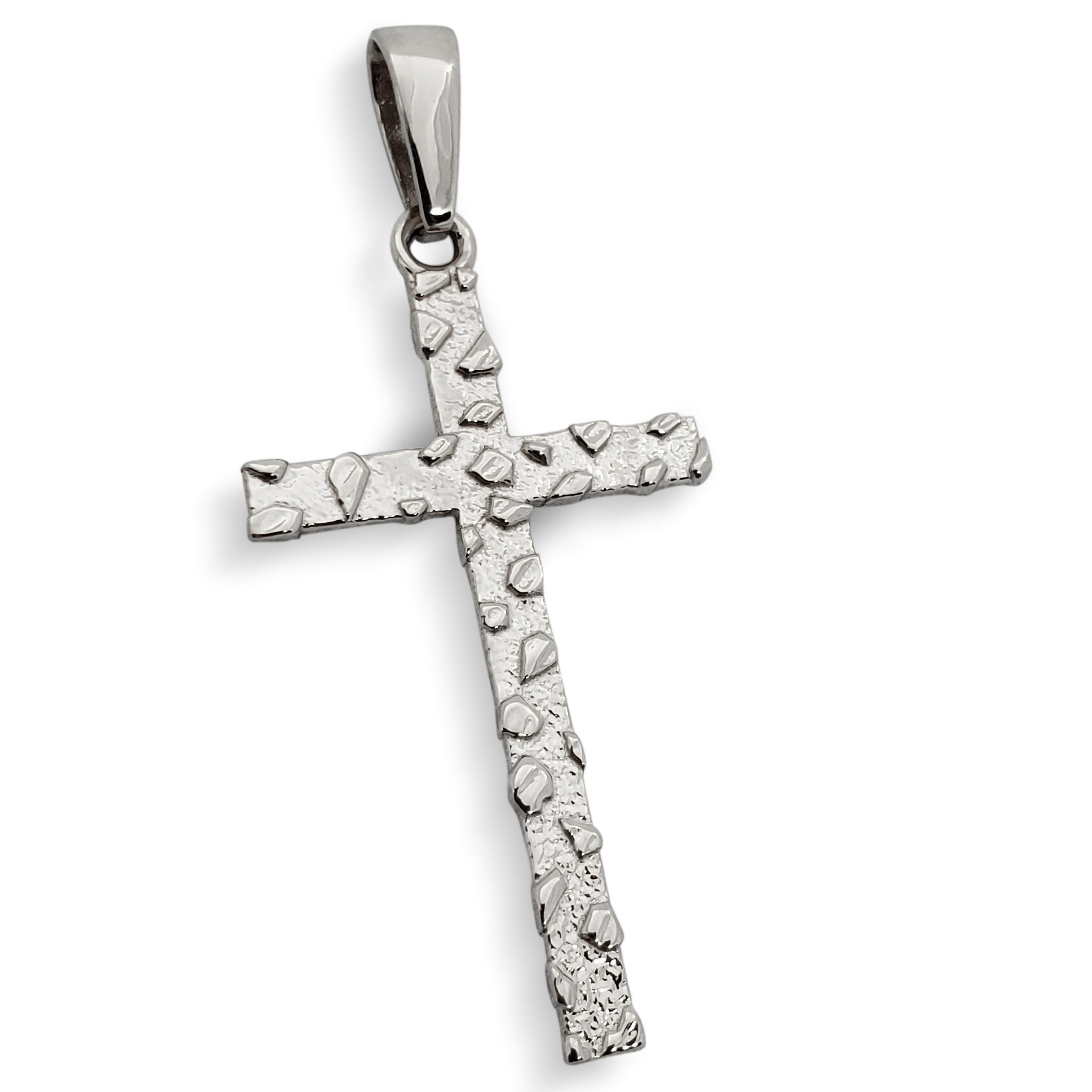 Solid 10K White Gold Nugget Cross Mens Gold Cross Pendant, 2.7 grams, 2"