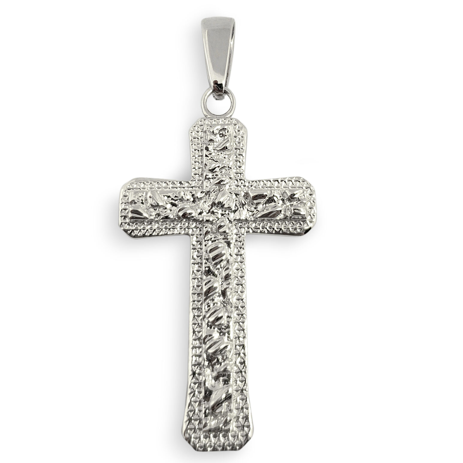 Solid 14K White Gold Mens Nugget Cross Mens Gold Cross Pendant, 1.4", 4.0 grams