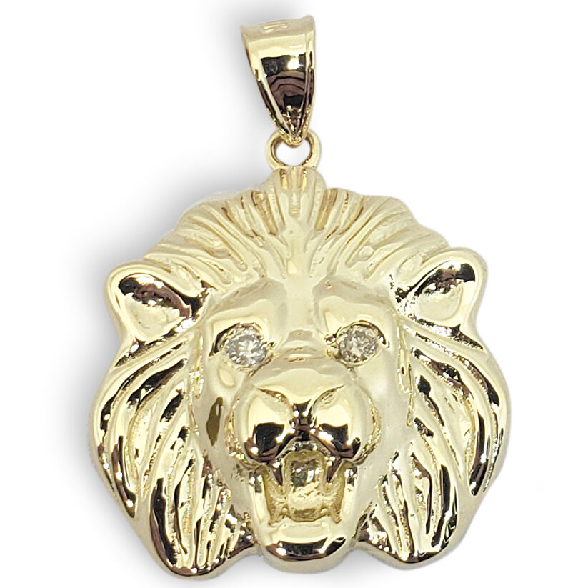 Solid 14K Yellow Gold Mens Lion Pendant Diamond Eyes, 19mm, 3.4 grams