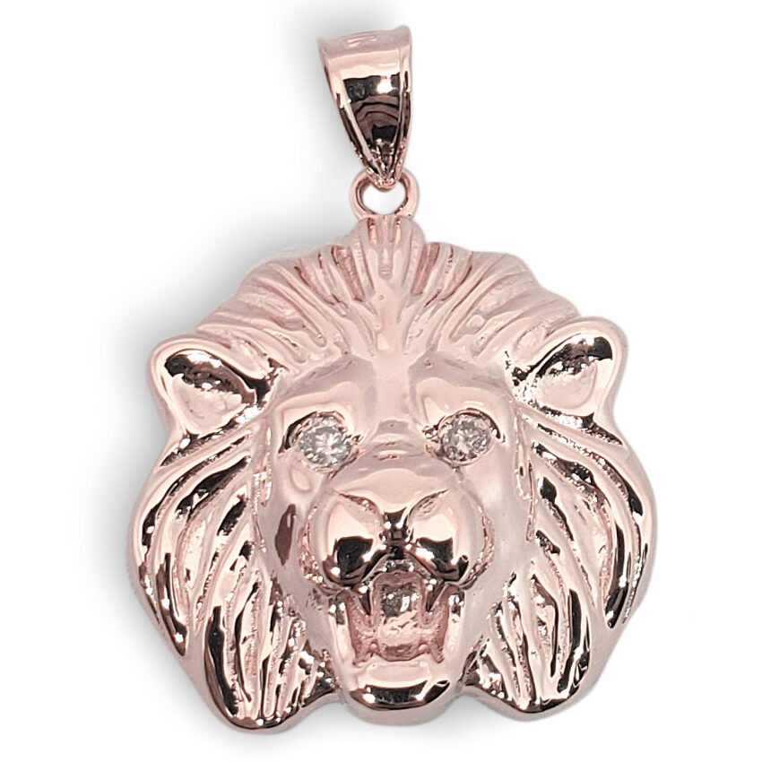 Solid 10K Rose Gold Mens Lion Pendant Diamond Eyes, 19mm, 3.0 grams
