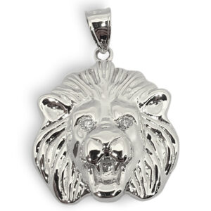 Solid 14K White Gold Mens Lion Pendant Diamond Eyes, 19mm, 3.4 grams