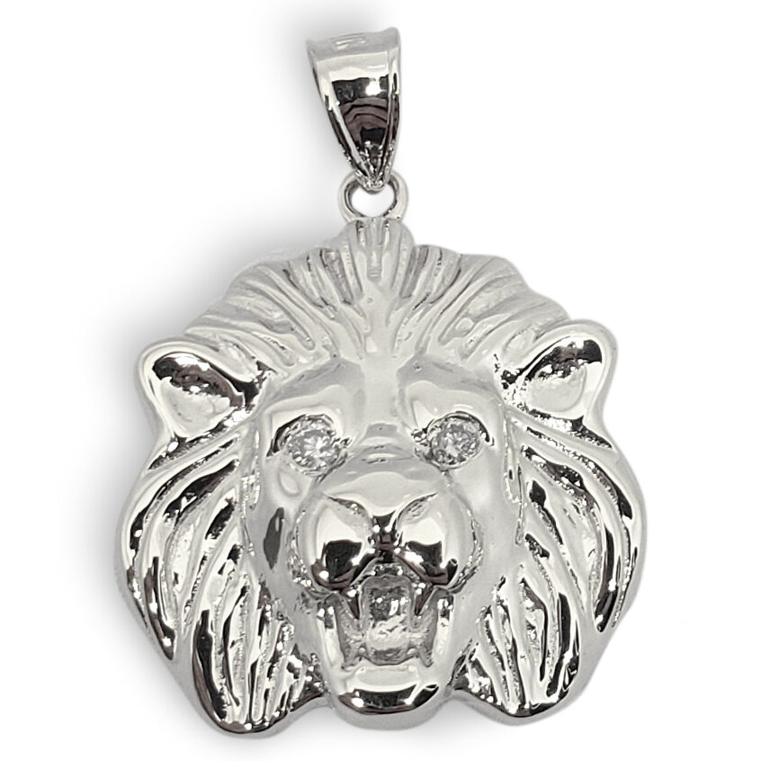 Solid 14K White Gold Mens Lion Pendant Diamond Eyes, 19mm, 3.4 grams