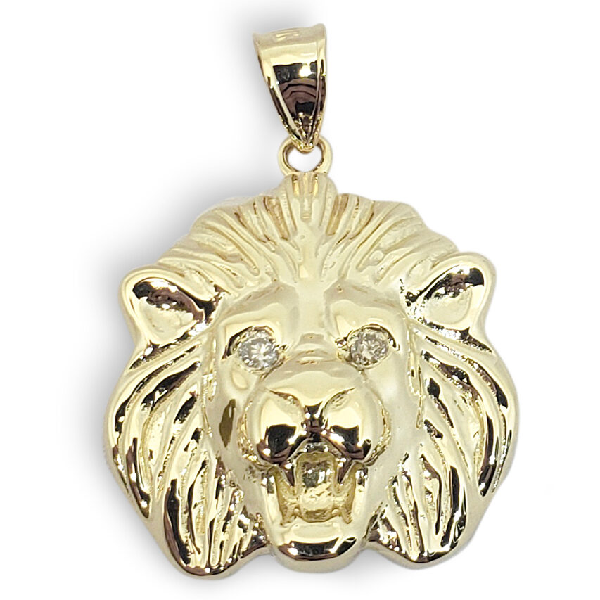 Solid 10K Yellow Gold Mens Lion Pendant Diamond Eyes, 19mm, 3.0 grams