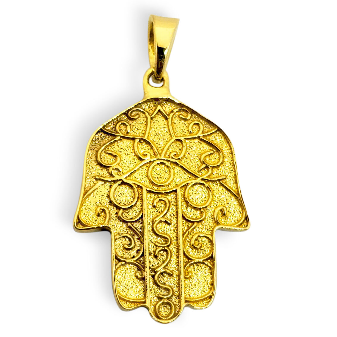 Solid 24K Yellow Gold Hamsa Pendant, Filigree, Evil Eye Pendant, 0.9 inch