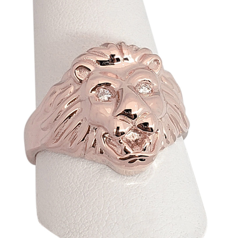 Solid 18K Rose Gold Mens Lion Ring Diamond Eyes Lion Jewelry Size 5 - 15