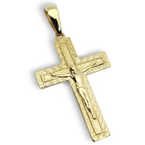 Solid 10K Yellow Gold Cross Pendant Ornate Greek Key Jewelry, 3.3 grams, 1 3/4"