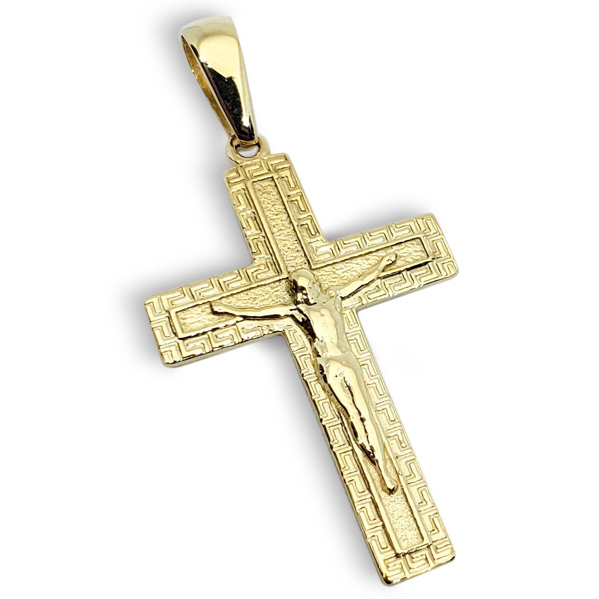 Solid 10K Yellow Gold Cross Pendant Ornate Greek Key Jewelry, 3.3 grams, 1 3/4"
