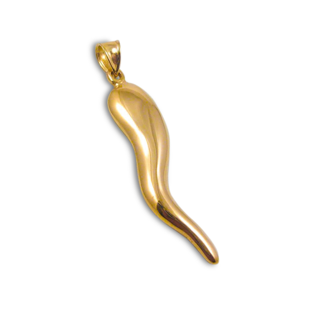 18K Yellow Gold Italian Horn Pendant Cornicello Italian Horn with Flat Back 1-5/16"