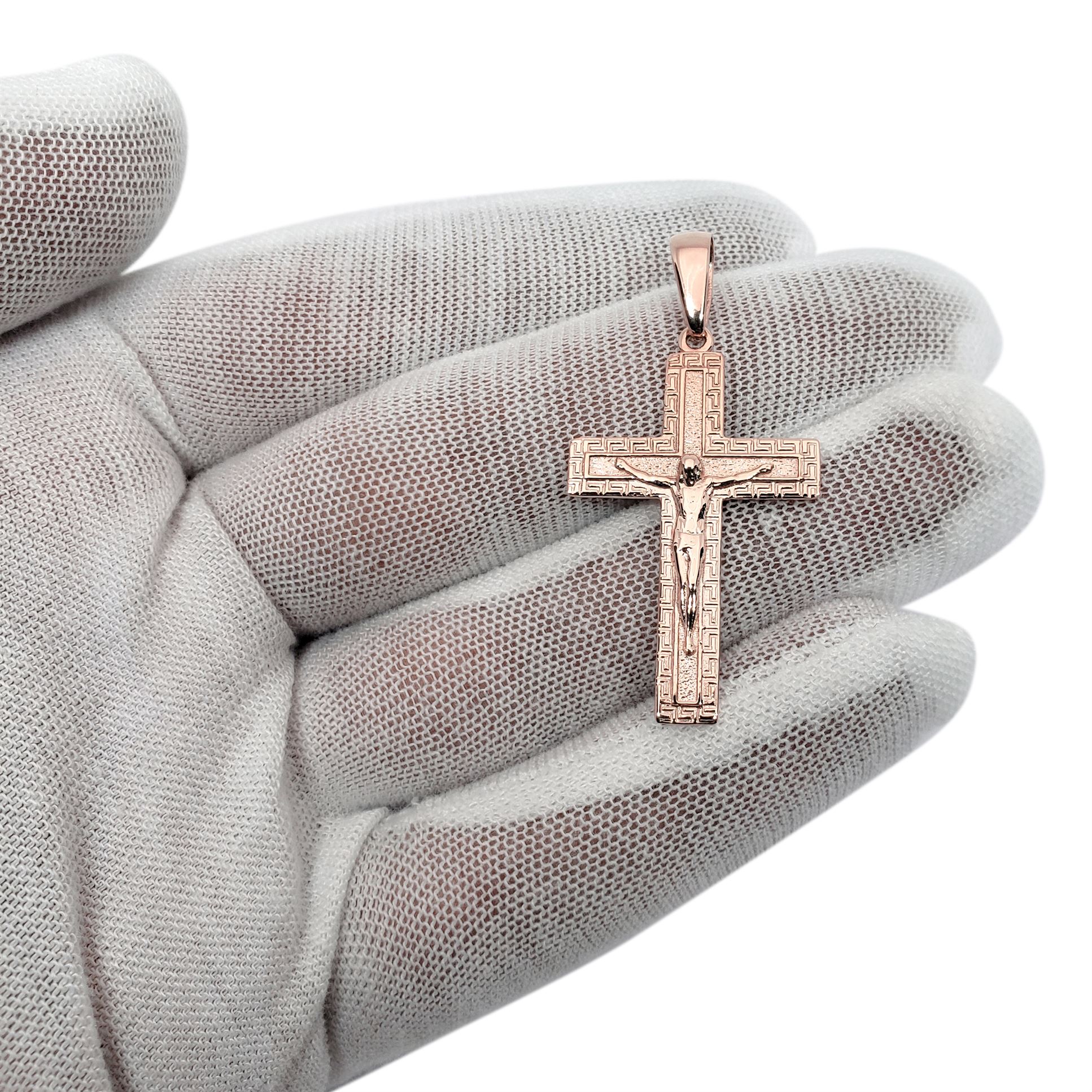 Solid 14K Rose Gold Cross Pendant Ornate Greek Key Cross