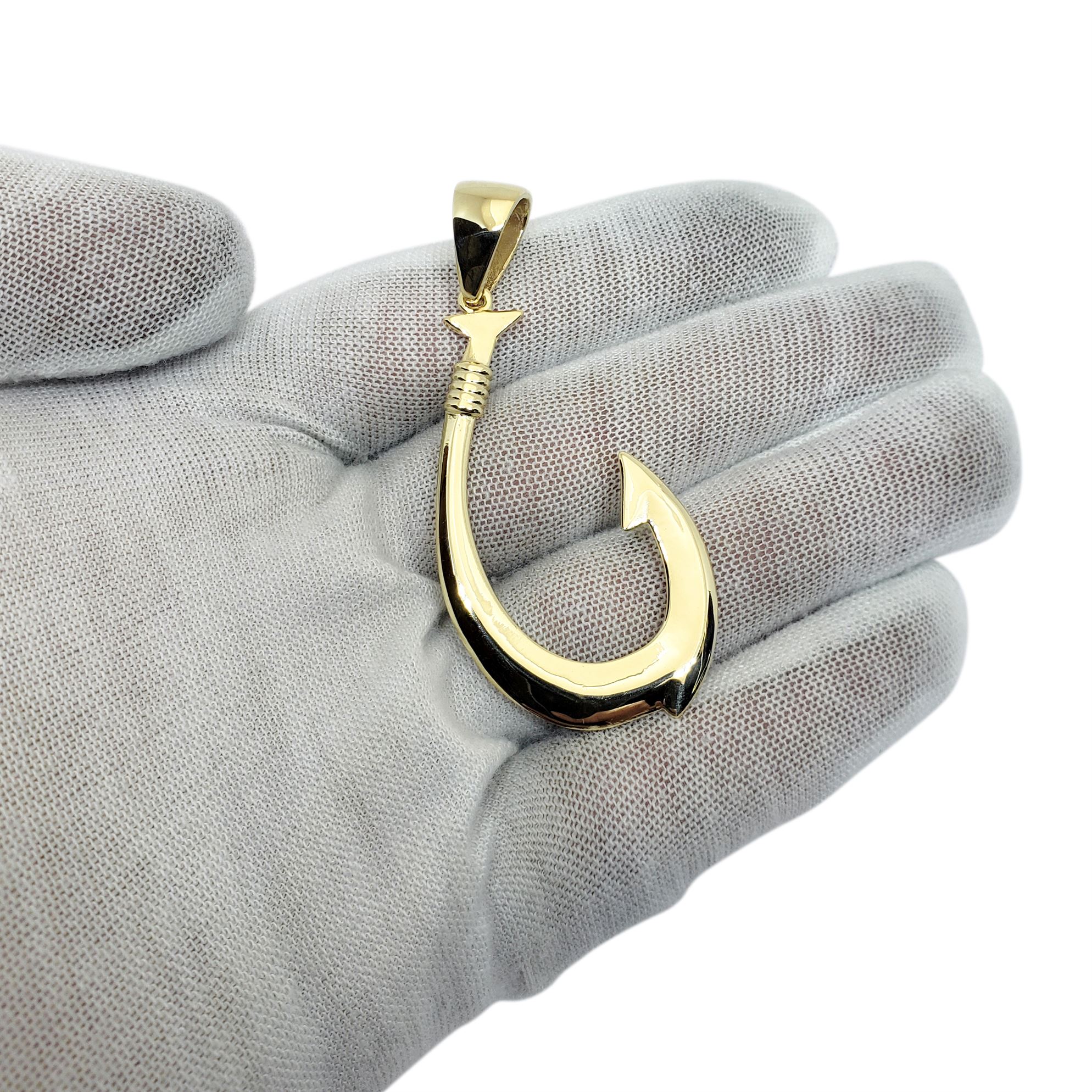 Solid 14K Yellow Gold Fish Hook Pendant, large, 2 1/2 long, 8.5