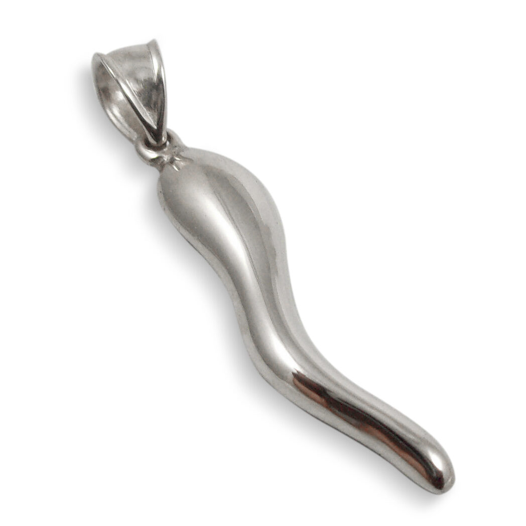 18K White Gold Italian Horn Pendant Cornicello Pendant with Flat Back 1"