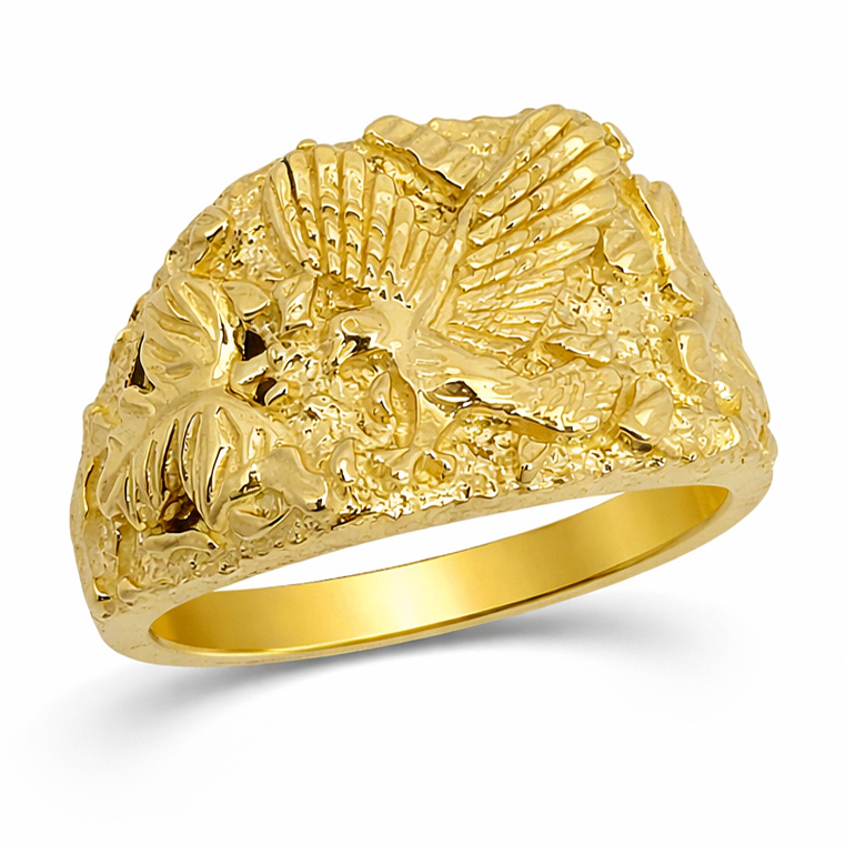 Solid 18K Yellow Gold Eagle Ring, Gold American Eagle Nugget Ring, Size 5 - 15