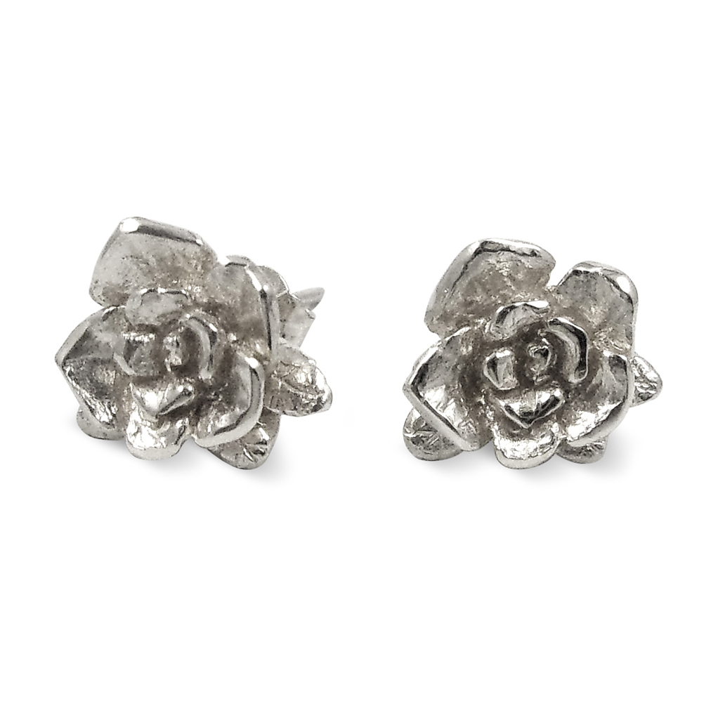 Solid 10K White Gold Rose Flower Stud Earrings Handcarved Gold Artisan Earrings