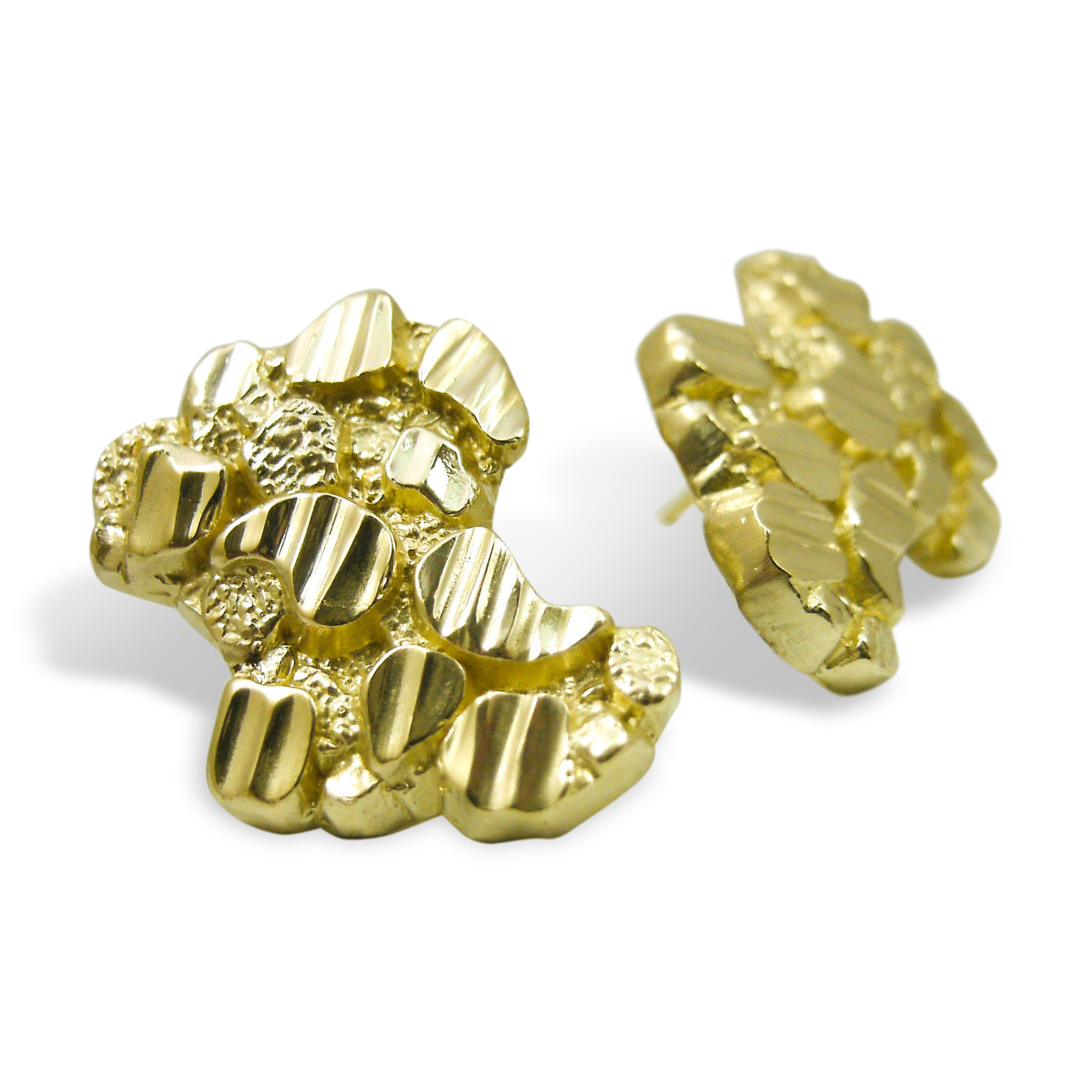 Solid 10K Yellow Gold Thick Earrings Diamond Cut Mens Nugget Earrings
