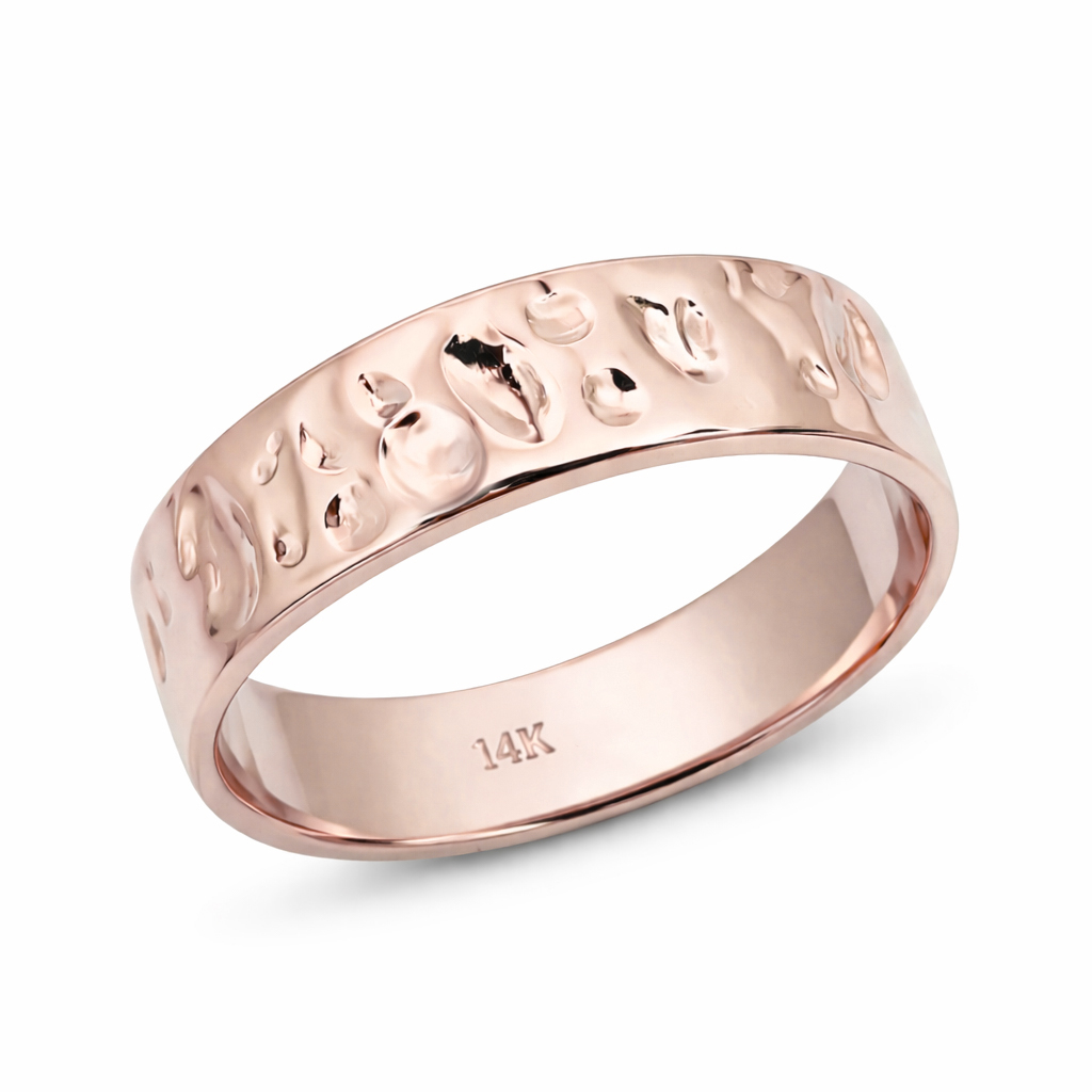 Solid 14K Rose Gold Hammered Band, Handmade 6mm Wedding Ring Deep Hammer Texture