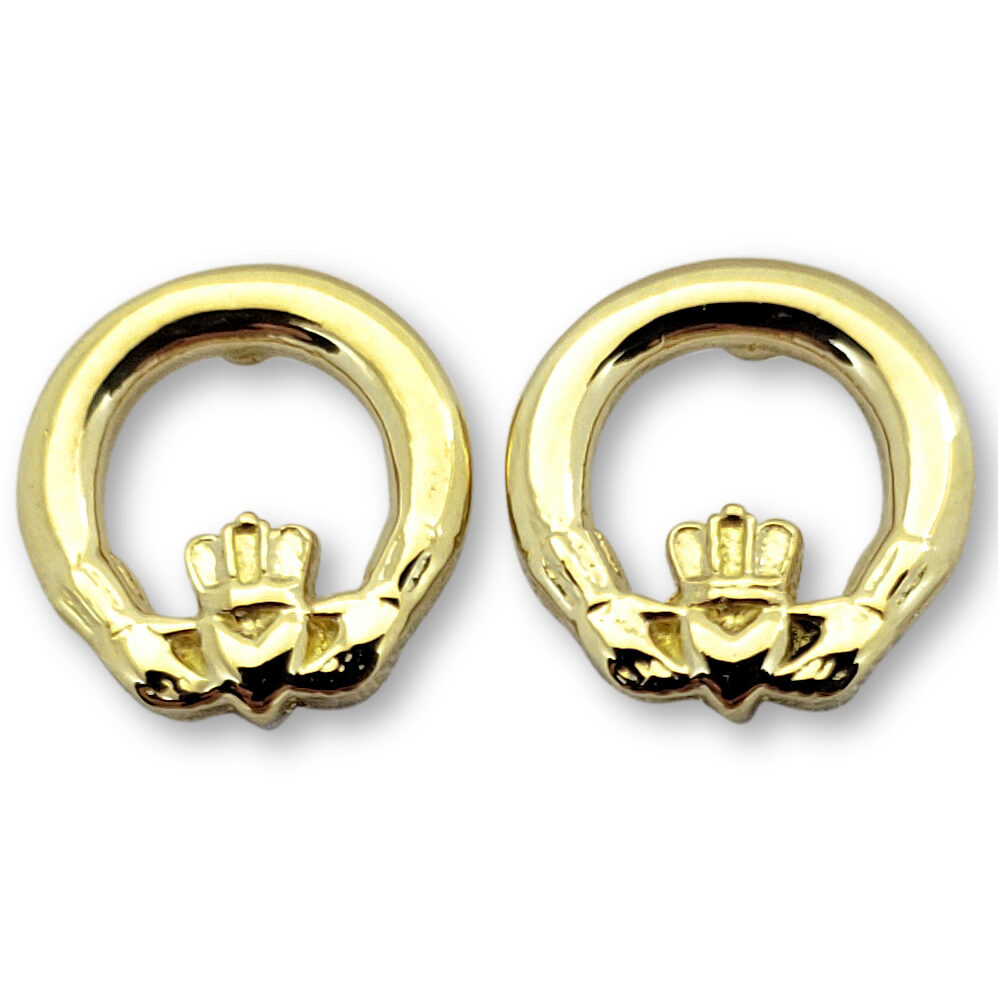 Solid 14K Yellow Gold Claddagh Earrings 10mm, Irish Claddagh Jewelry
