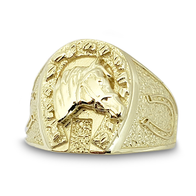 Solid 14K Yellow Gold Large Nugget Mens Horseshoe Ring Size 5 - 15
