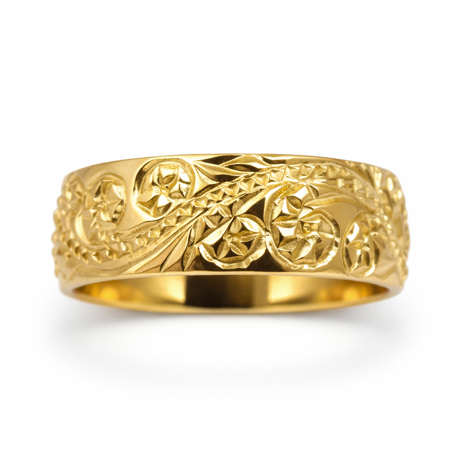 Solid 18K Women's Yellow Gold Hawaiian Scroll Ring, Gold Hawaiian Jewelry 6mm Size 3 - 12