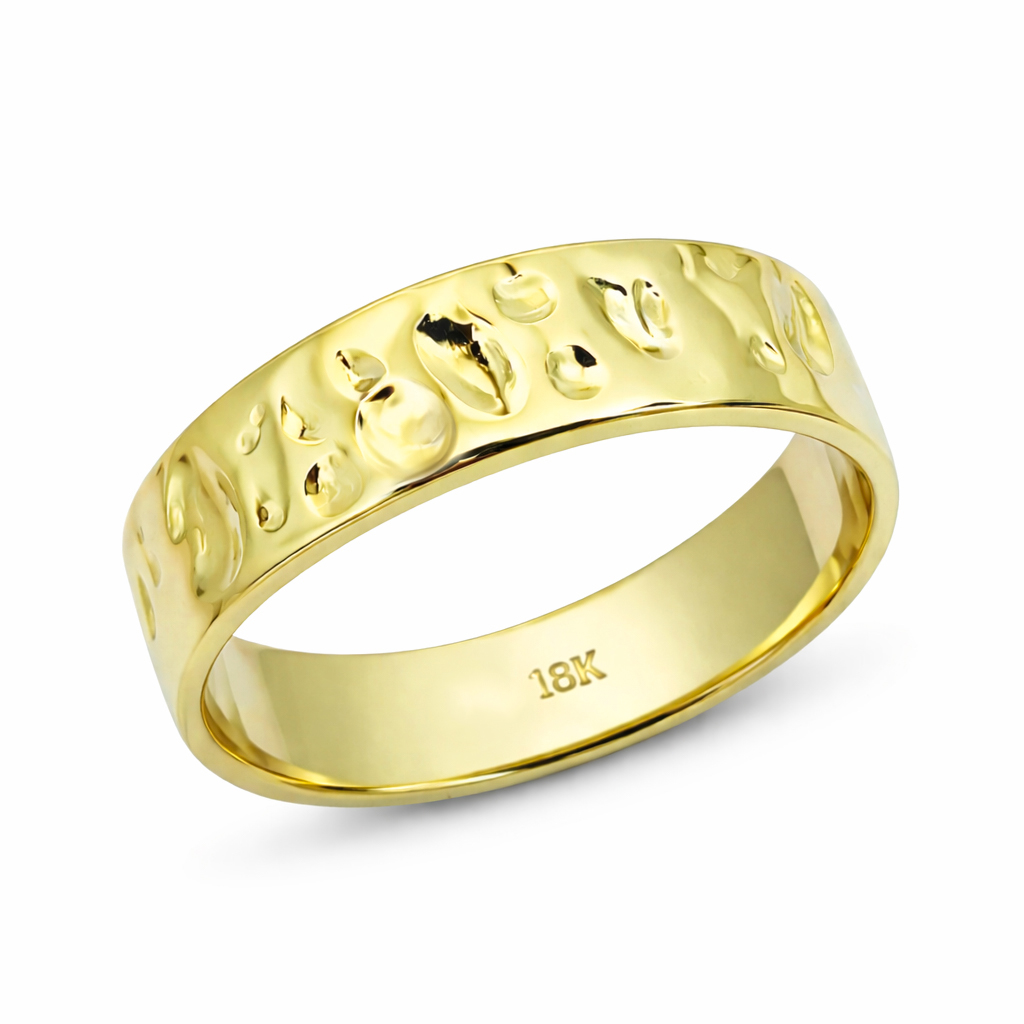Solid 18K Yellow Gold Hammered Band, Handmade 6mm Wedding Ring Deep Hammer Texture