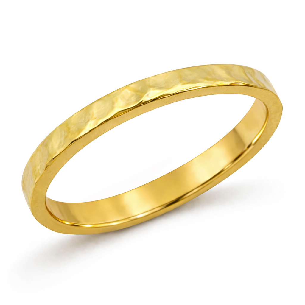 Solid 18K Yellow Gold Hammered Ring, Gold Stackable Ring 2mm Sizes 1 - 12, Midi