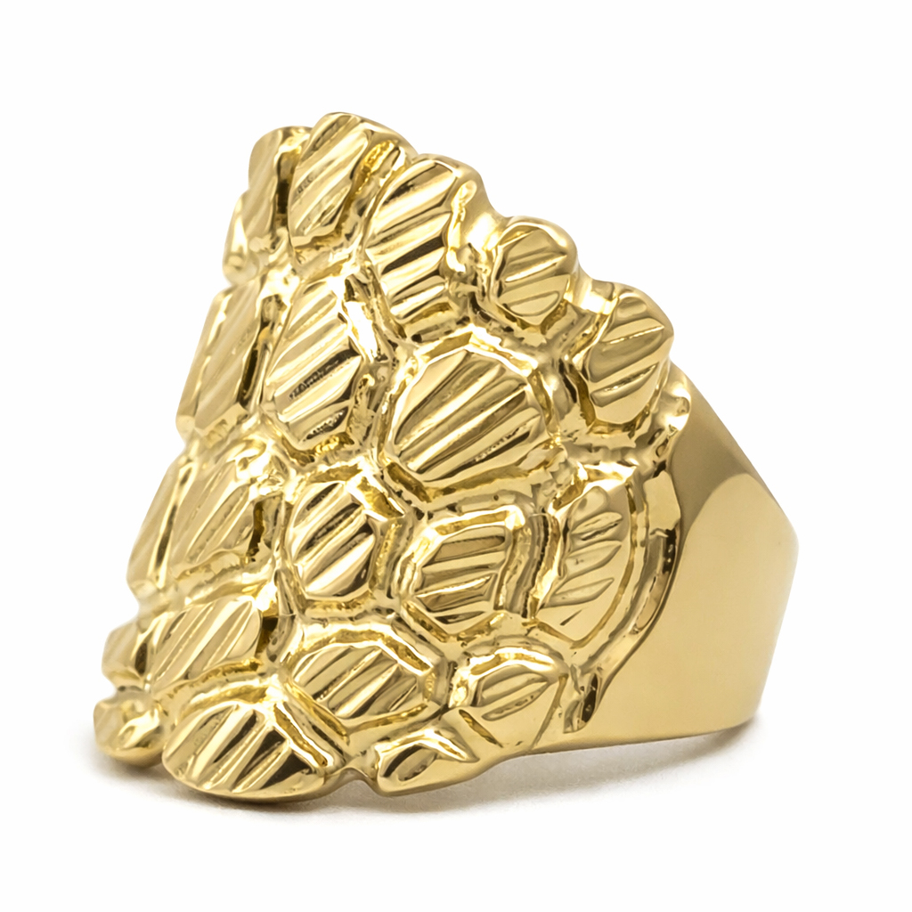 Solid 18K Yellow Gold Mens Nugget Ring Big Gold Nugget Ring Diamond Cut Heavy, Size 5 - 15 XXL